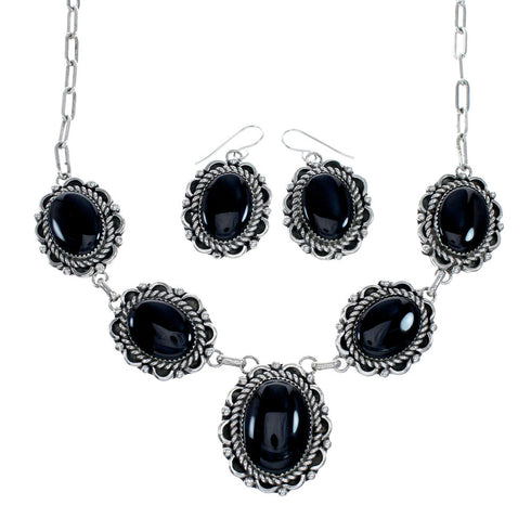 Native American Authentic Navajo Onyx Sterling Silver Necklace Set NX12217