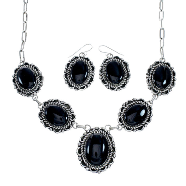 Native American Authentic Navajo Onyx Sterling Silver Necklace Set NX12217