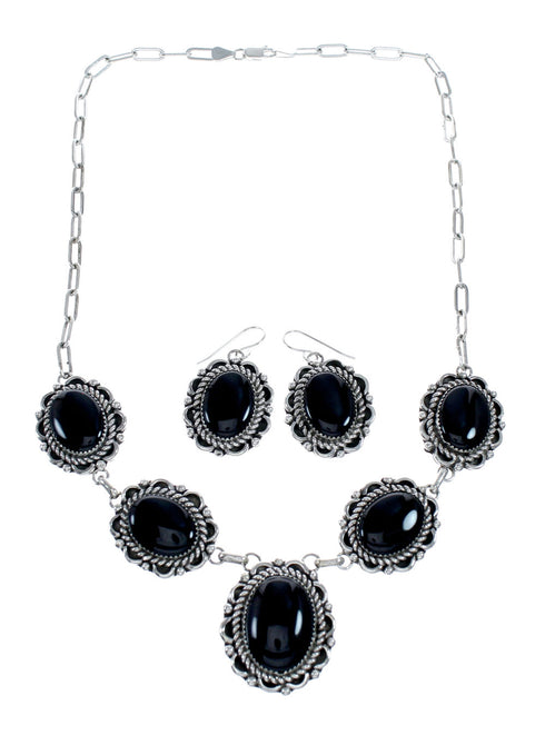 Native American Authentic Navajo Onyx Sterling Silver Necklace Set NX12217