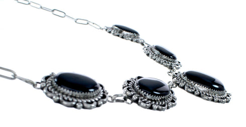 Native American Authentic Navajo Onyx Sterling Silver Necklace Set NX12217