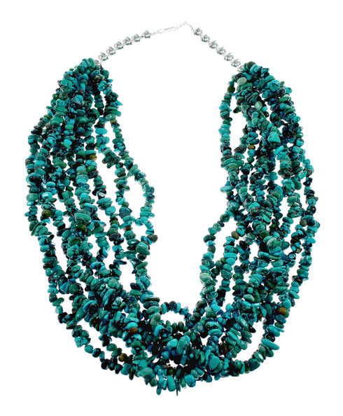 Genuine Navajo 10-Strand Sterling Silver Turquoise Bead Necklace NX12228