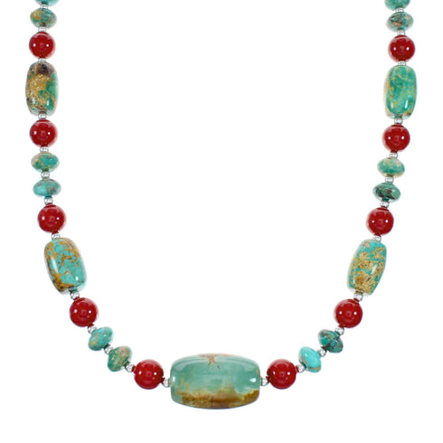 Navajo Sterling Silver Turquoise And Coral Bead Necklace NX12229