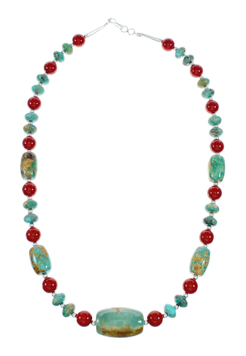 Navajo Sterling Silver Turquoise And Coral Bead Necklace NX12229