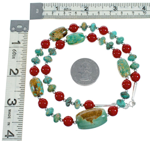 Navajo Sterling Silver Turquoise And Coral Bead Necklace NX12229