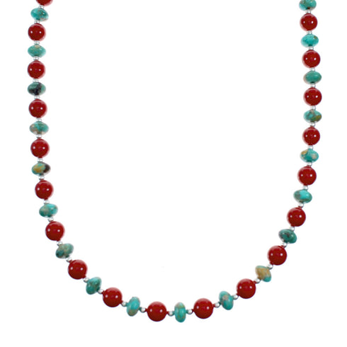 Navajo Sterling Silver Turquoise And Coral Bead Necklace NX12230