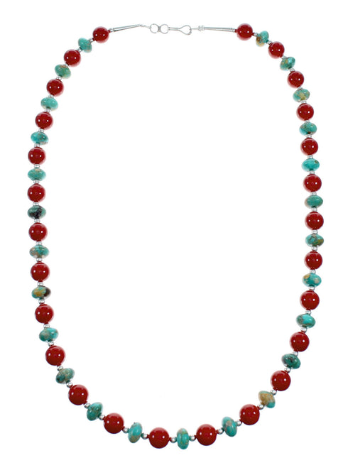 Navajo Sterling Silver Turquoise And Coral Bead Necklace NX12230