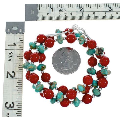 Navajo Sterling Silver Turquoise And Coral Bead Necklace NX12230