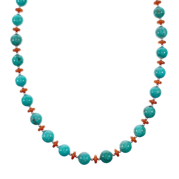 Navajo Sterling Silver Turquoise And Coral Bead Necklace NX12246