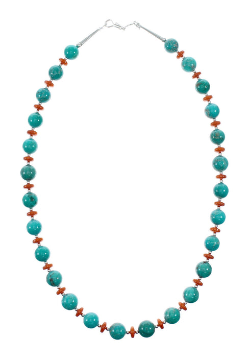 Navajo Sterling Silver Turquoise And Coral Bead Necklace NX12246