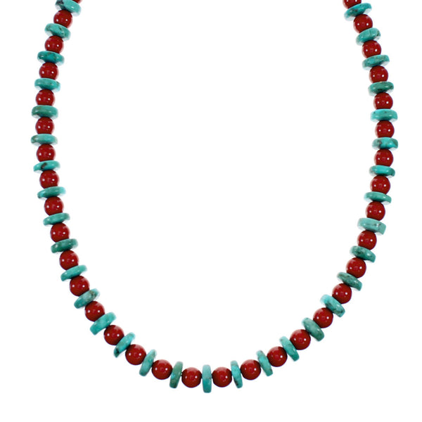 Native American Navajo Sterling Silver Turquoise And Coral Bead Necklace NX12247