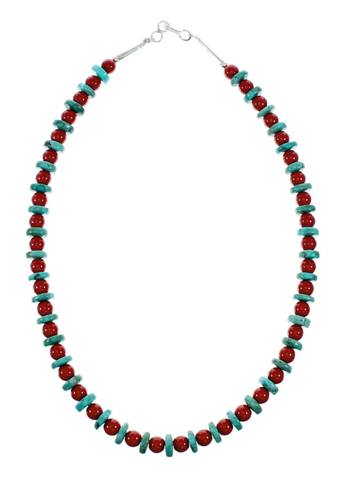 Native American Navajo Sterling Silver Turquoise And Coral Bead Necklace NX12247