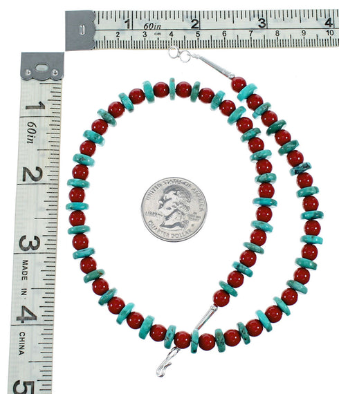 Native American Navajo Sterling Silver Turquoise And Coral Bead Necklace NX12247