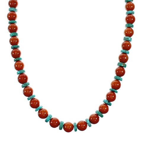 Native American Navajo Sterling Silver Turquoise And Coral Bead Necklace NX12248