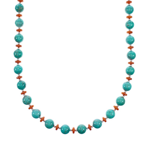 Navajo Sterling Silver Turquoise And Coral Bead Necklace NX12249