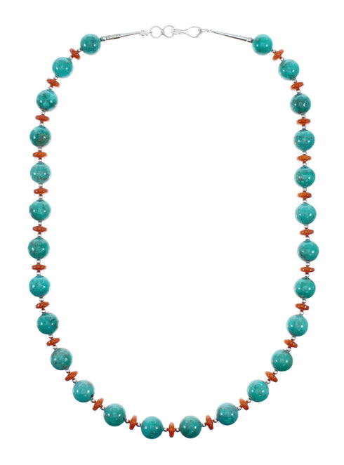 Navajo Sterling Silver Turquoise And Coral Bead Necklace NX12249