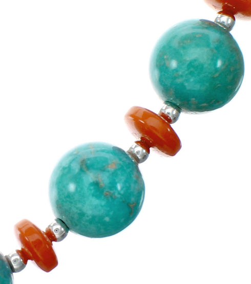 Navajo Sterling Silver Turquoise And Coral Bead Necklace NX12249