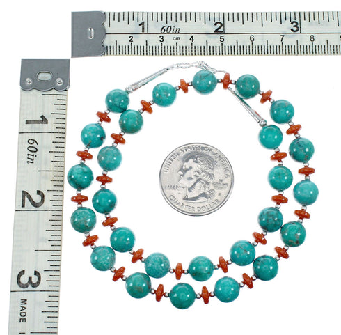 Navajo Sterling Silver Turquoise And Coral Bead Necklace NX12249