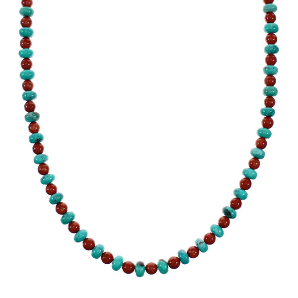 Navajo Sterling Silver Turquoise And Coral Bead Necklace NX12283