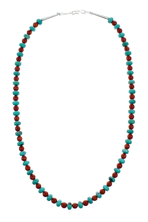 Navajo Sterling Silver Turquoise And Coral Bead Necklace NX12283