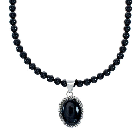 Native American Onyx Sterling Silver Navajo Bead Necklace NX12280