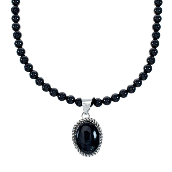 Native American Onyx Sterling Silver Navajo Bead Necklace NX12280