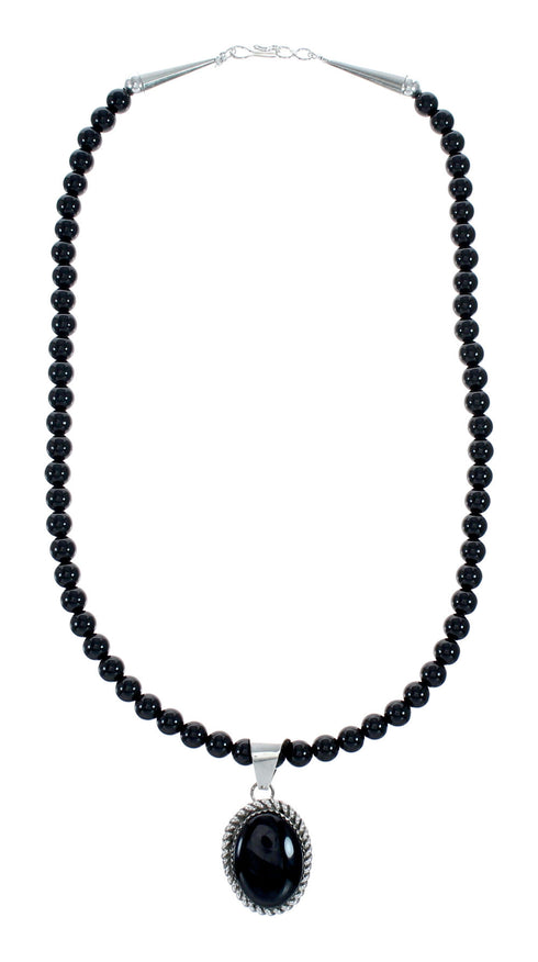 Native American Onyx Sterling Silver Navajo Bead Necklace NX12280