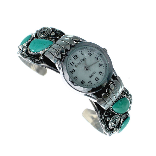 Native American Flower Turquoise Sterling Silver Cuff Watch NX12260