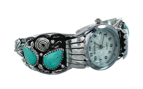 Native American Flower Turquoise Sterling Silver Cuff Watch NX12260