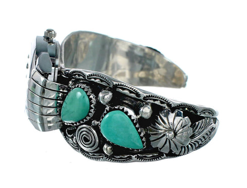 Native American Flower Turquoise Sterling Silver Cuff Watch NX12260