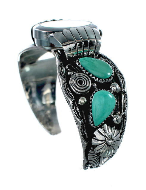 Native American Flower Turquoise Sterling Silver Cuff Watch NX12260