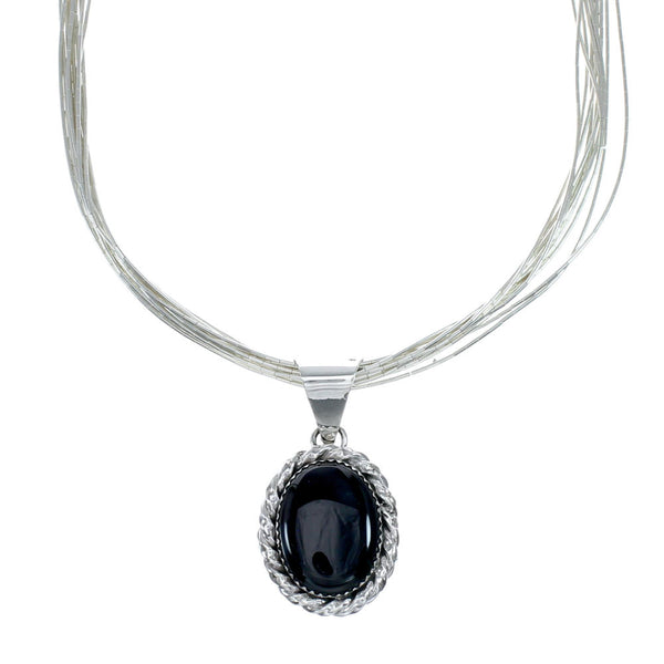 Hand Strung Liquid Sterling Silver 10 Strands 16" Necklace Onyx Pendant NX12281