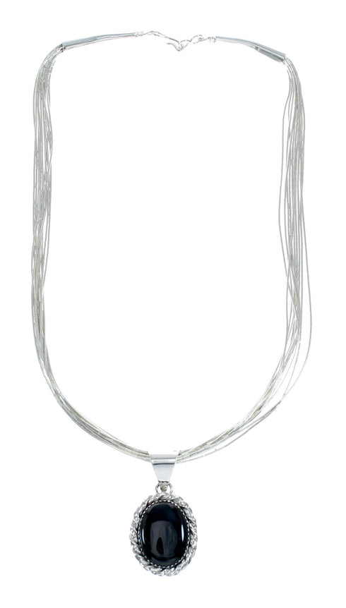 Hand Strung Liquid Sterling Silver 10 Strands 16" Necklace Onyx Pendant NX12281