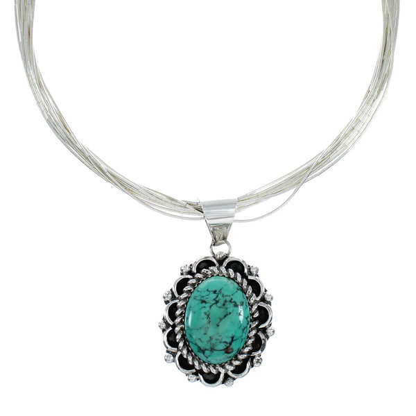 Hand Strung Liquid Sterling Silver 10 Strands 17" Necklace Turquoise Pendant NX12282