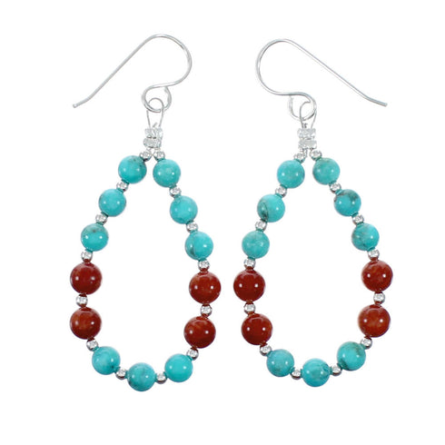 Navajo Turquoise And Coral Sterling Silver Bead Hook Dangle Earrings NX12264