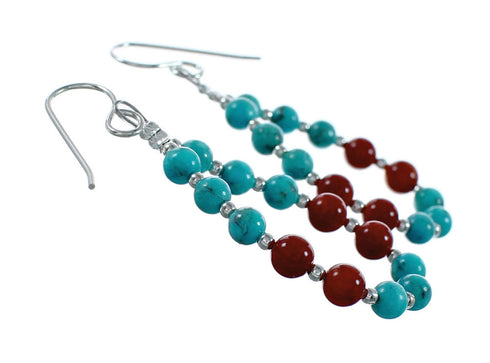 Navajo Turquoise And Coral Sterling Silver Bead Hook Dangle Earrings NX12264