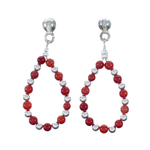 Navajo Coral Post Dangle Sterling Silver Bead Earrings NX12273