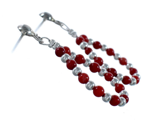 Navajo Coral Post Dangle Sterling Silver Bead Earrings NX12273