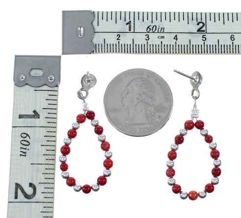Navajo Coral Post Dangle Sterling Silver Bead Earrings NX12273