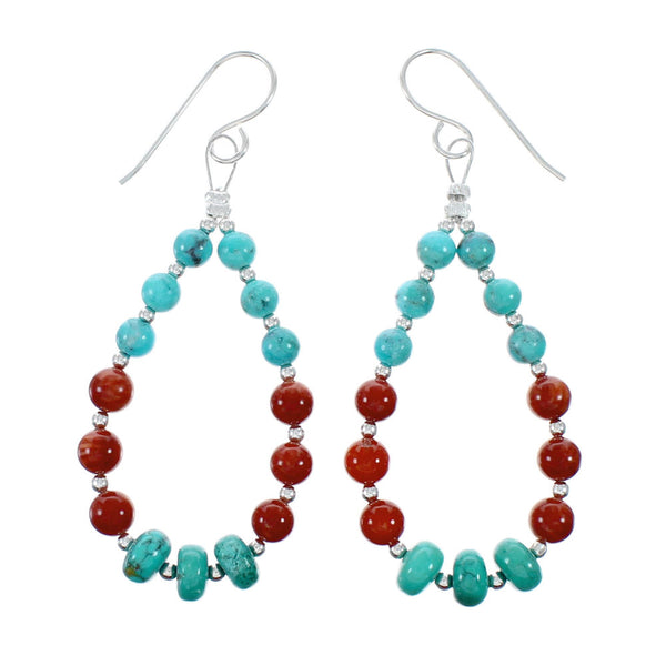 Navajo Turquoise And Coral Sterling Silver Bead Hook Dangle Earrings NX12265