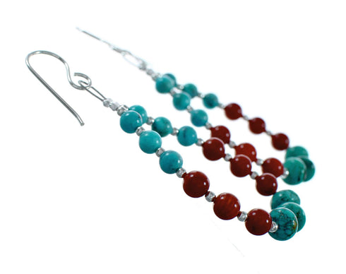 Navajo Turquoise And Coral Sterling Silver Bead Hook Dangle Earrings NX12265