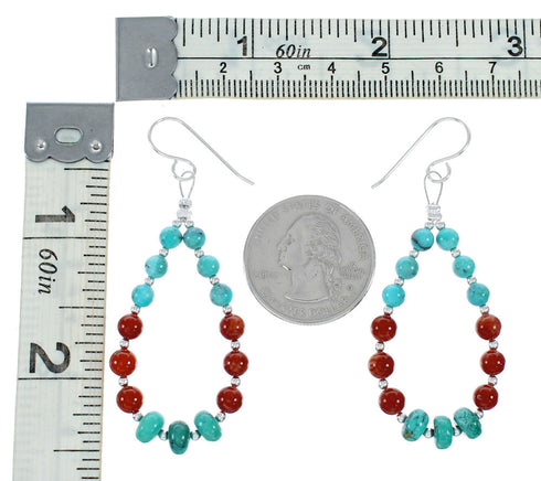 Navajo Turquoise And Coral Sterling Silver Bead Hook Dangle Earrings NX12265