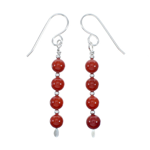 Navajo Coral Bead Hook Dangle Sterling Silver Earrings NX12268