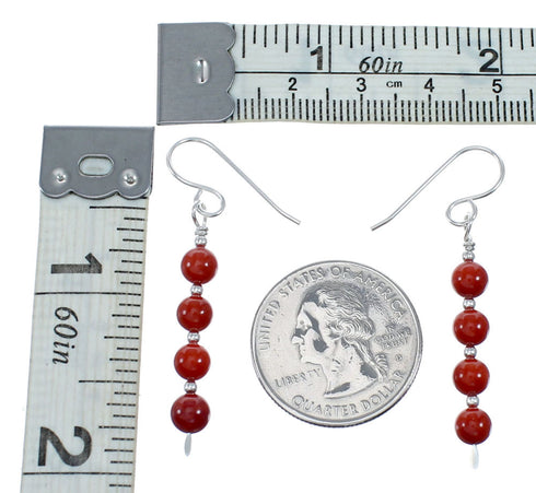 Navajo Coral Bead Hook Dangle Sterling Silver Earrings NX12268