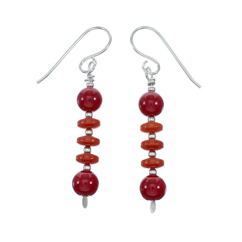 Navajo Coral Bead Hook Dangle Sterling Silver Earrings NX12269