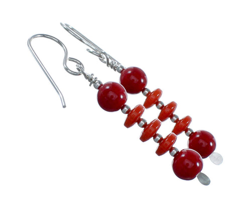 Navajo Coral Bead Hook Dangle Sterling Silver Earrings NX12269