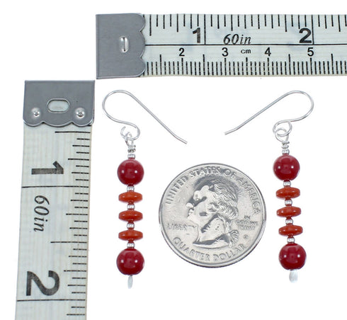 Navajo Coral Bead Hook Dangle Sterling Silver Earrings NX12269