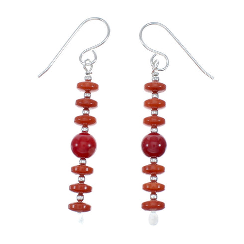 Navajo Coral Bead Hook Dangle Sterling Silver Earrings NX12270