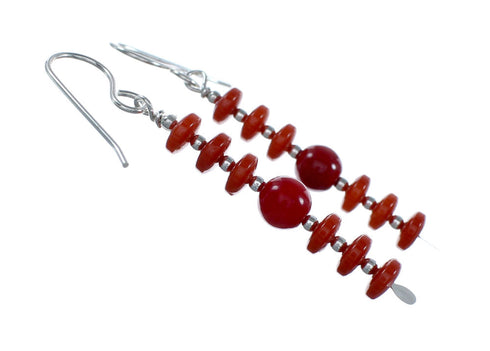 Navajo Coral Bead Hook Dangle Sterling Silver Earrings NX12270