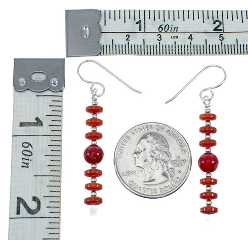 Navajo Coral Bead Hook Dangle Sterling Silver Earrings NX12270