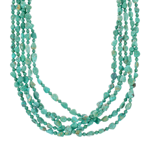Navajo Sterling Silver 5-Strand Kingman Turquoise Bead Necklace NX12288